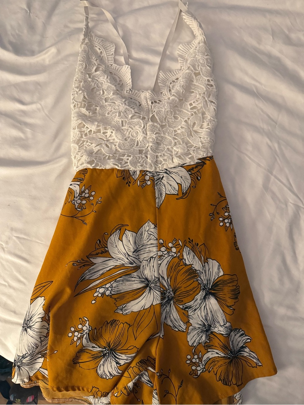 Women's Boho Floral Print Lace Panel Criss Cross Knot Back Cami Romper
